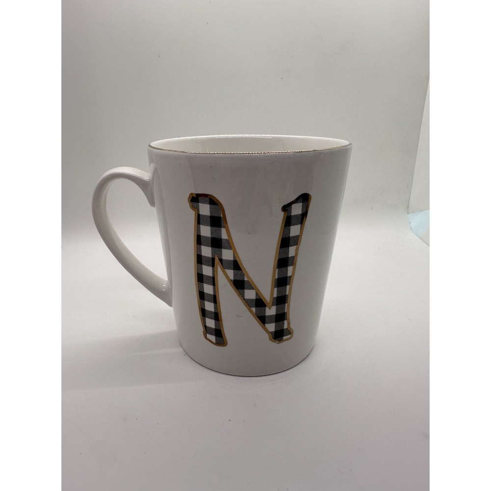 Prima Design Initial "N" Coffee/Tea Mug Buffalo Check‎ Black White EUC